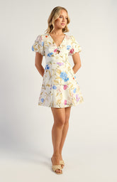 SOGNA COL Botanica Floral Faux Linen Knot Keyhole Detail Mini Dress SDR1845A